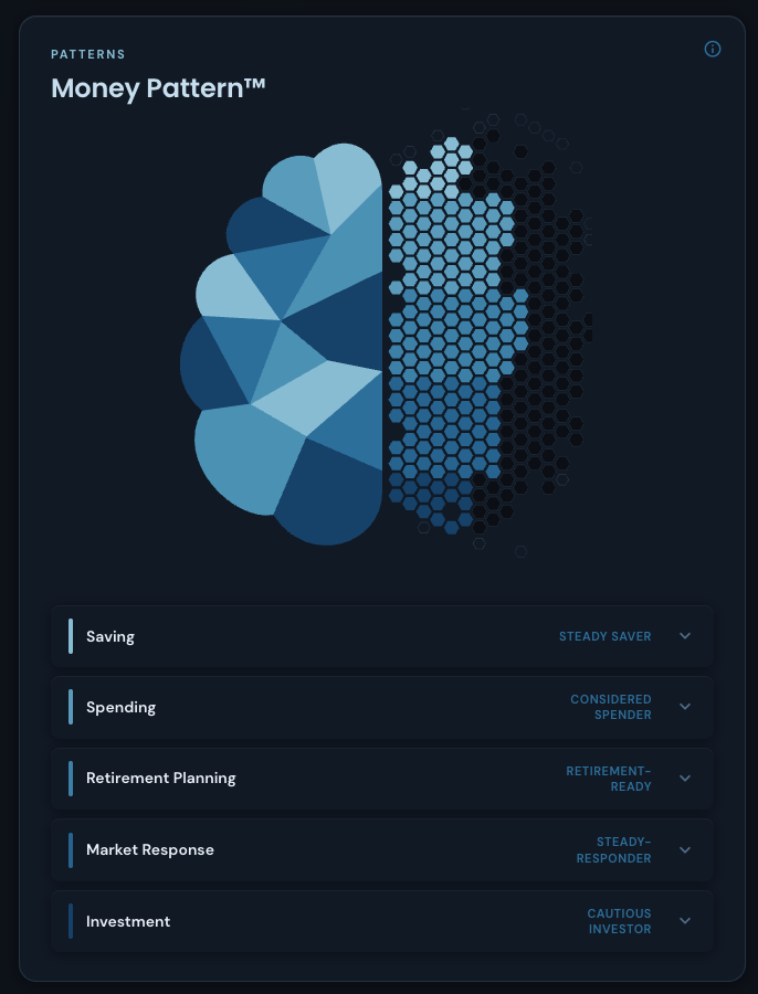 The Money Pattern map — a brain illustration resolving into hexagons, with your five dimension results: Steady Saver, Considered Spender, Retirement-Ready, Steady-Responder, Cautious Investor.