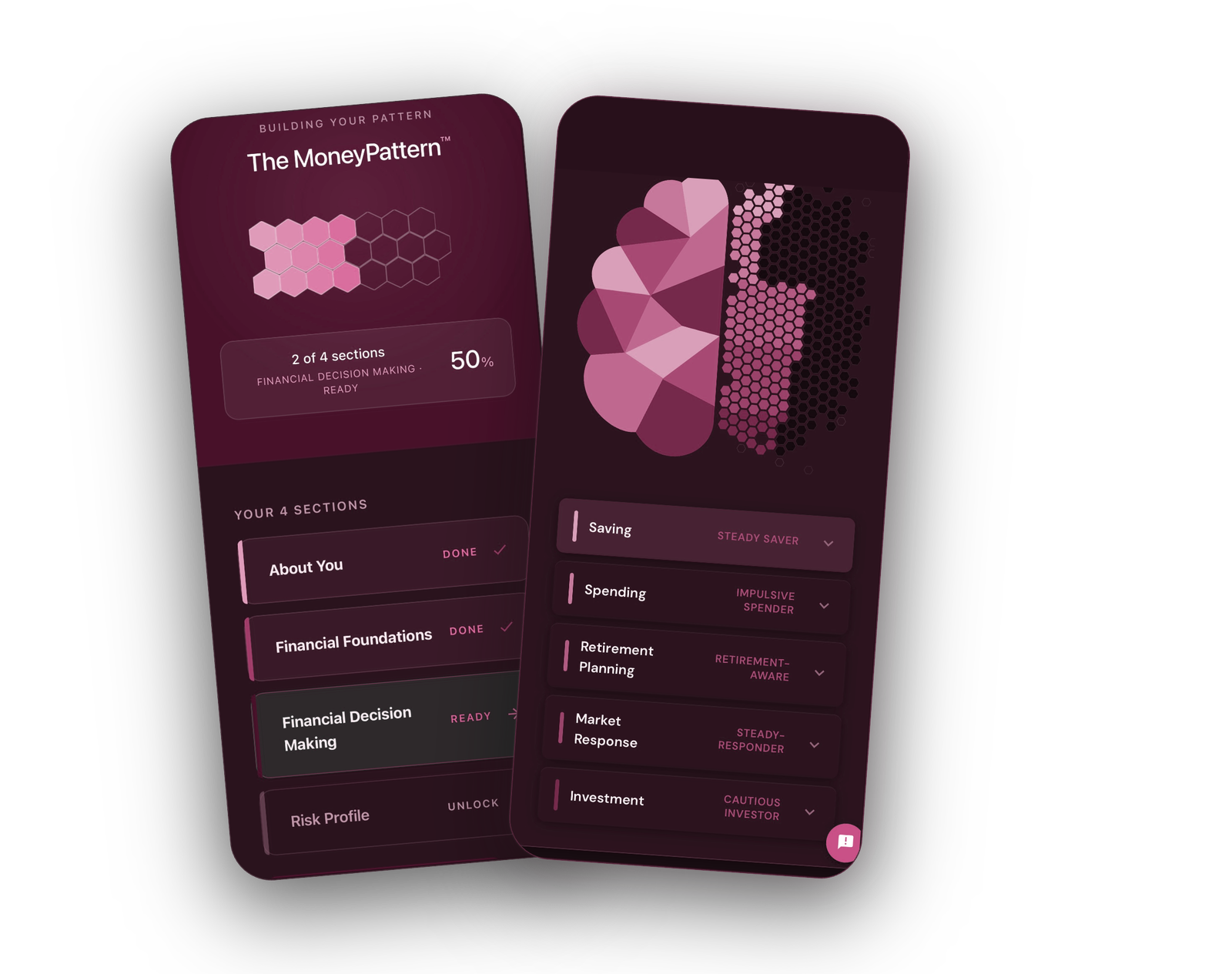 Two MoneyPattern app screens — building your pattern with progress across four sections, and a brain resolving into hexagons beside your five dimension results: Steady Saver, Impulsive Spender, Retirement-Aware, Steady-Responder, Cautious Investor.